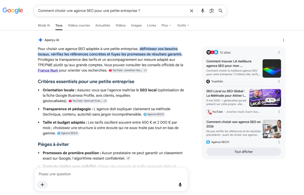 Aperçu IA de Google présentant une réponse générée par intelligence artificielle et plusieurs sources.