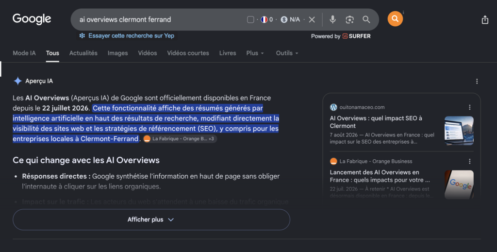 Exemple de sources citées dans un AI Overview de Google.